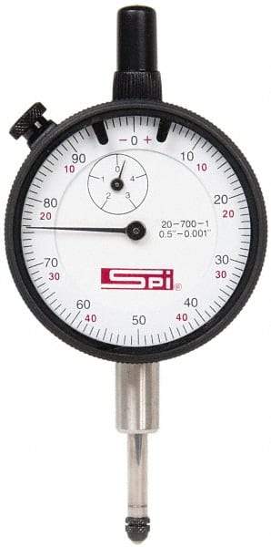 SPI - 1/2" Range, 0-100, 0-50-0 Dial Reading, 0.001" Graduation Dial Drop Indicator - 2-1/4" Dial, 0.1" Range per Revolution, Revolution Counter, Includes NPL Traceability Certification - Strong Tooling