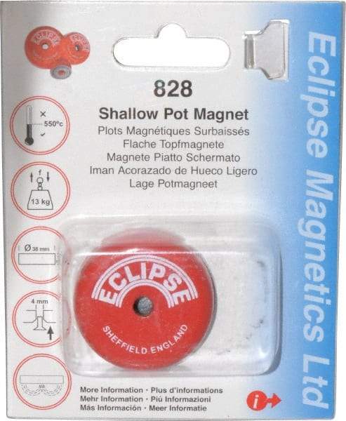 Eclipse - 1-1/2" Diam, 28.5 Lb Average Pull Force, Mild Steel, Alnico Pot Magnets - 0.339" Countersunk Hole, 220°C Max Operating Temp, 0.407" High, Grade 5 Alnico - Strong Tooling