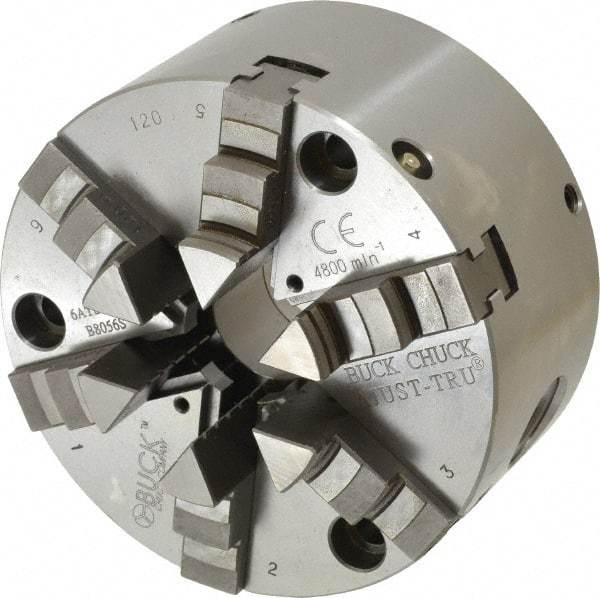 Buck Chuck Company - 6 Jaws, 5" Diam, Self Centering Manual Lathe Chuck - Front Mount, Adjustable, 4,125 Max RPM, 1.28" Through Hole Diam, Forged Steel - Strong Tooling