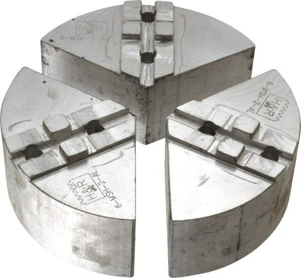 H & R Manufacturing - 6" Chuck Capacity, Tongue & Groove Attachment, Round Soft Lathe Chuck Jaw - 3 Jaws, Aluminum, 1-1/2" Btw Mount Hole Ctrs, 3" Long x 6" Wide x 2" High, 5/16" Groove - Strong Tooling