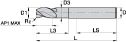 Kennametal - 0.63", 3 Flute, Single End, Solid Carbide, Corner Radius End Mill - 100mm OAL, 45° Helix, Right Hand Flute, 24mm LOC, Right Hand Cut, 48mm Extended Reach - Strong Tooling