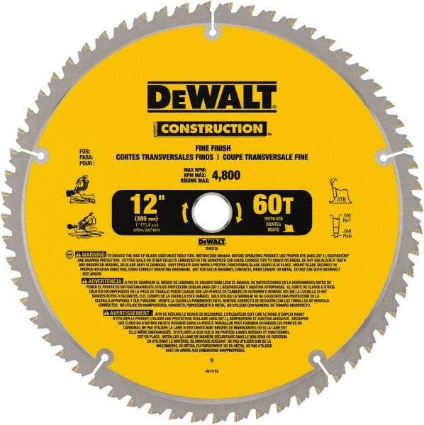 DeWALT - 12" Diam, 1" Arbor Hole Diam, 60 Tooth Wet & Dry Cut Saw Blade - Carbide-Tipped, Fine Finishing Action, Standard Round Arbor - Strong Tooling