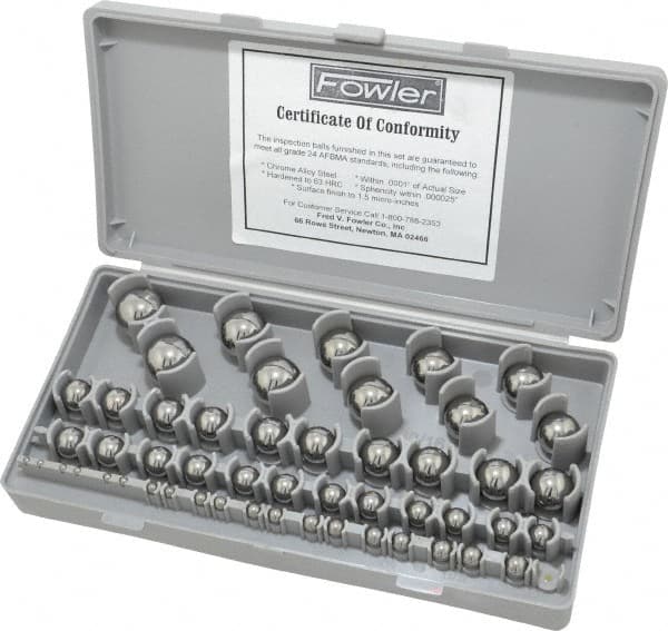 Fowler - 1/8 to 1 Inch Diameter, Chrome Steel, Gage Ball Set - 0.0001 Inch Tolerance, Grade 24 Accuracy, 63 RC Hardness, 26 Pairs - Strong Tooling