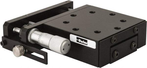 Parker - 62 Lb. Capacity, 10-32 Mount Hole, 1/2" Travel, Precision Ball Bearing Table with Side Drive - Single Axis, 8 Mounting Holes, 2.56" Long x 2.62" Wide x 1" High - Strong Tooling