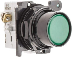 Eaton Cutler-Hammer - 30-1/2mm Mount Hole, Flush, Pushbutton Switch with Contact Block - Round, Green Pushbutton, Nonilluminated, Momentary (MO), Corrosion Resistant, Oiltight and Watertight - Strong Tooling