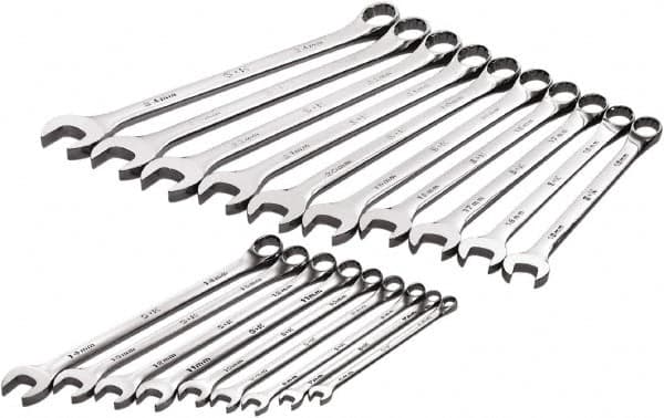 SK - 19 Piece, 6mm to 24mm, 12 Point Combination Wrench Set - Metric Measurement Standard, Full Polish Chrome Finish, Comes in Roll-Up Pouch - Strong Tooling