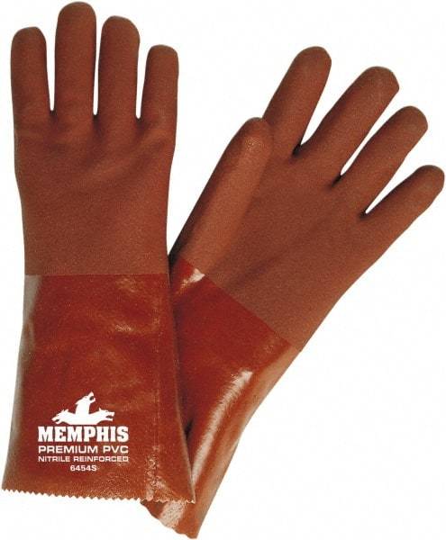 MCR Safety - Size L (9), 14" Long, 28 mil Thick, Supported, PVC Chemical Resistant Gloves - Rough Finish, Fleece/Jersey Lined, Red - Strong Tooling