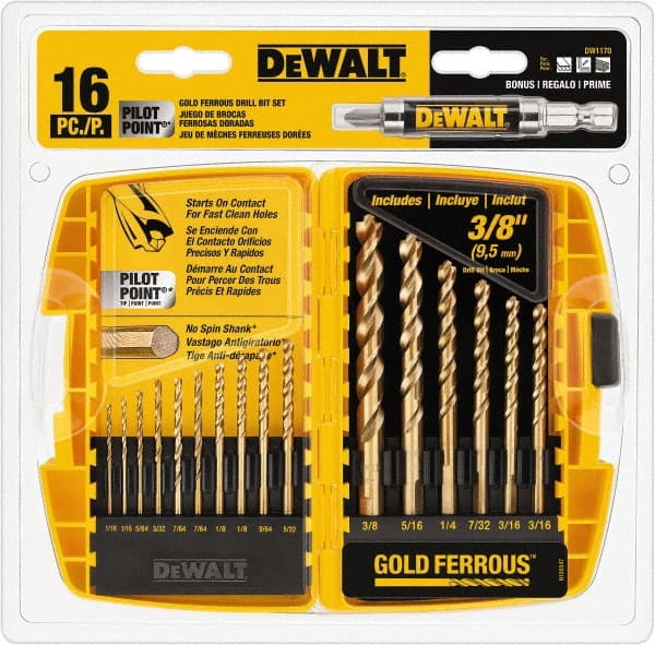 DeWALT - 1/16 to 3/8", 135° Point, Gold Ferrous Oxide Finish, High Speed Steel Maintenance Length Drill Bit Set - Strong Tooling