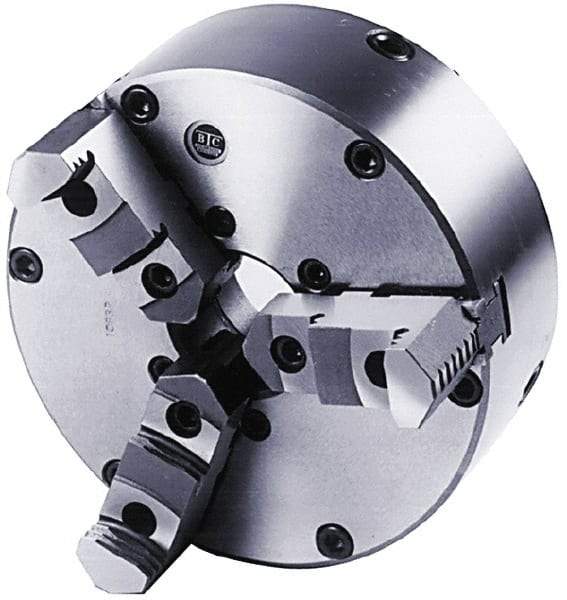 BTC - 3 Jaws, 8" Diam, Self Centering Manual Lathe Chuck - Plain Back Mount Spindle, Adjustable, Reversible, 3,100 Max RPM, 2.264" Through Hole Diam, Cast Iron - Strong Tooling