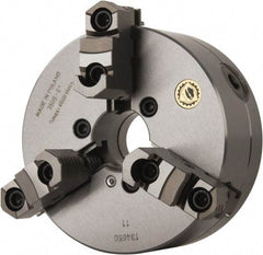 Bison - 3 Jaws, 6" Diam, Self Centering Manual Lathe Chuck - Plain Back Mount Spindle, Reversible, 4,500 Max RPM, 1.6535" Through Hole Diam, 0.0014" Axial Runout, 0.0012" Radial Runout, Forged Steel - Strong Tooling