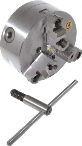 Bison - 3 Jaws, 6" Diam, Self Centering Manual Lathe Chuck - D1-4 Mount Spindle, Reversible, 4,500 Max RPM, 1.6535" Through Hole Diam, 0.0008" Axial Runout, 0.0012" Radial Runout, Forged Steel - Strong Tooling