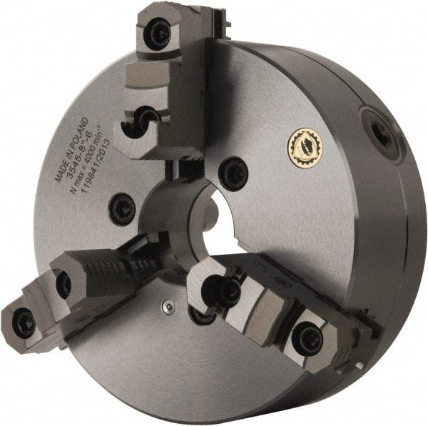 Bison - 3 Jaws, 8" Diam, Self Centering Manual Lathe Chuck - D1-6 Mount Spindle, Reversible, 4,000 Max RPM, 2.1653" Through Hole Diam, 0.001" Axial Runout, 0.0016" Radial Runout, Forged Steel - Strong Tooling