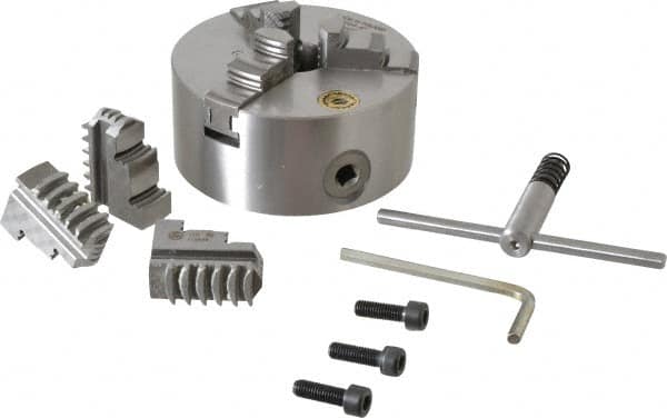 Bison - 3 Jaws, 5" Diam, Self Centering Manual Lathe Chuck - Plain Back Mount Spindle, 3,200 Max RPM, 1.2598" Through Hole Diam, 0.0008" Axial Runout, 0.0012" Radial Runout, Cast Iron - Strong Tooling