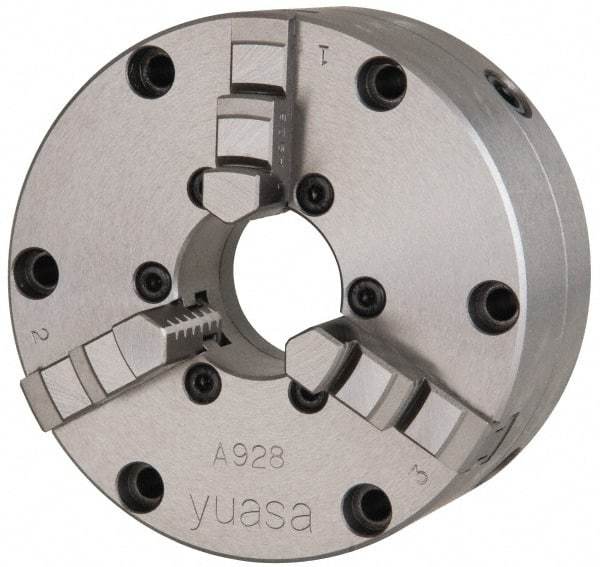 Yuasa - 3 Jaws, 4" Diam, Self Centering Manual Lathe Chuck - Plain Back Mount Spindle, Adjustable, 1.2598" Through Hole Diam, 0.0005" Axial Runout, Cast Iron - Strong Tooling