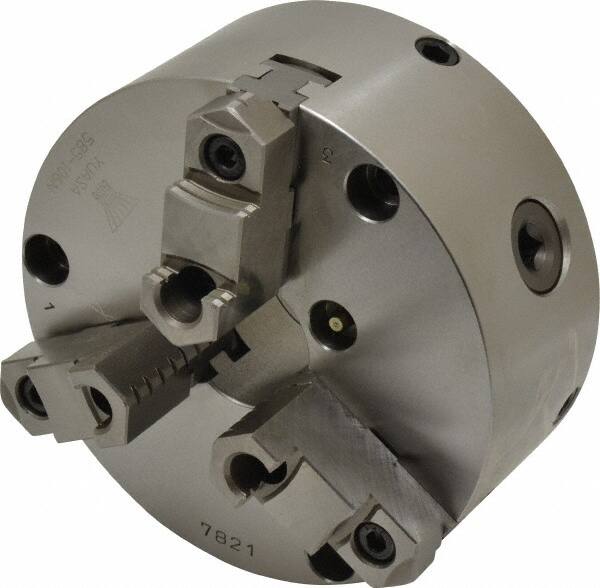 Yuasa - 3 Jaws, 6" Diam, Self Centering Manual Lathe Chuck - Plain Back Mount Spindle, Adjustable, Reversible, 1.7323" Through Hole Diam, 0.0005" Axial Runout, Cast Iron - Strong Tooling