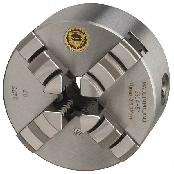 Bison - 4 Jaws, 6" Diam, Self Centering Manual Lathe Chuck - Plain Back Mount Spindle, 3,000 Max RPM, 1.6535" Through Hole Diam, 0.0008" Axial Runout, 0.0012" Radial Runout, Cast Iron - Strong Tooling