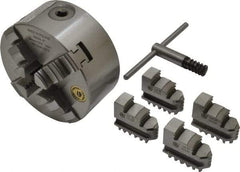 Bison - 4 Jaws, 5" Diam, Self Centering Manual Lathe Chuck - Plain Back Mount Spindle, 3,200 Max RPM, 9.921" Through Hole Diam, 0.0008" Axial Runout, 0.0012" Radial Runout, Cast Iron - Strong Tooling