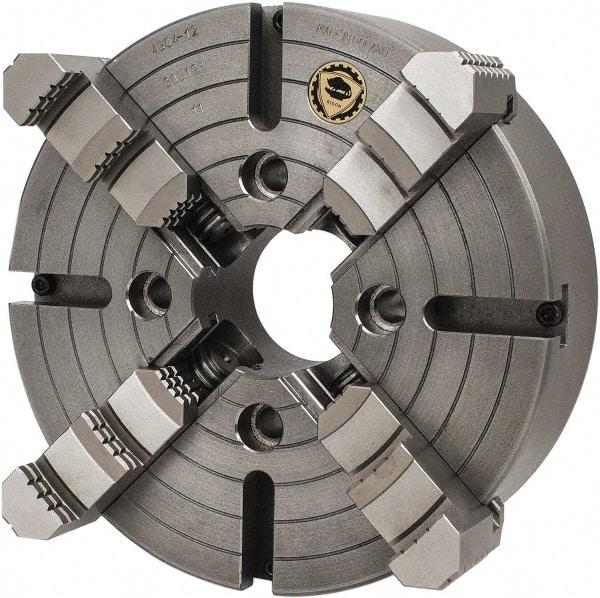 Bison - 4 Jaws, 12" Diam, Independent Manual Lathe Chuck - Plain Back Mount Spindle, Reversible, 1,200 Max RPM, 3.1496" Through Hole Diam, Cast Iron - Strong Tooling