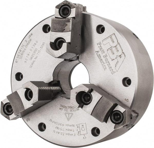 Pratt Burnerd America - 3 Jaws, 6" Diam, Self Centering Manual Lathe Chuck - Plain Back Mount Spindle, Adjustable, Reversible, 4,900 Max RPM, 1.81" Through Hole Diam, Forged Steel - Strong Tooling