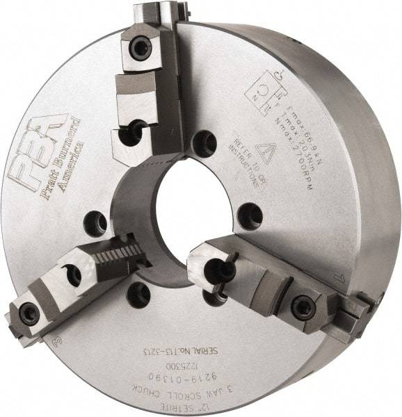 Pratt Burnerd America - 3 Jaws, 12" Diam, Self Centering Manual Lathe Chuck - Plain Back Mount Spindle, Adjustable, Reversible, 2,300 Max RPM, 4.06" Through Hole Diam, Forged Steel - Strong Tooling