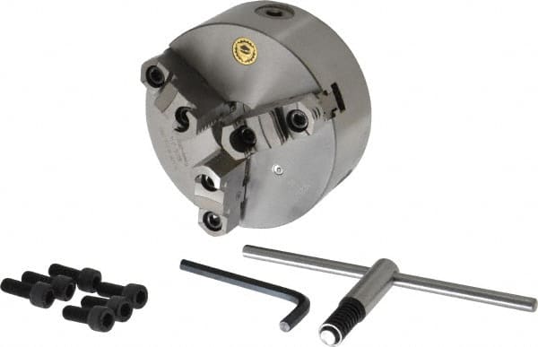 Bison - 3 Jaws, 6" Diam, Self Centering Manual Lathe Chuck - Plain Back Mount Spindle, Reversible, 3,000 Max RPM, 1.6535" Through Hole Diam, 0.0008" Axial Runout, 0.0012" Radial Runout, Cast Iron - Strong Tooling