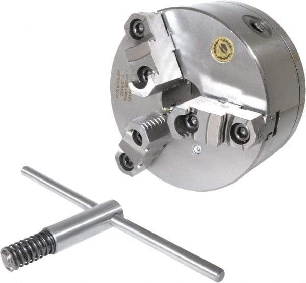 Bison - 3 Jaws, 6" Diam, Self Centering Manual Lathe Chuck - D1-4 Mount Spindle, Reversible, 3,000 Max RPM, 1.6535" Through Hole Diam, 0.0008" Axial Runout, 0.0012" Radial Runout, Cast Iron - Strong Tooling