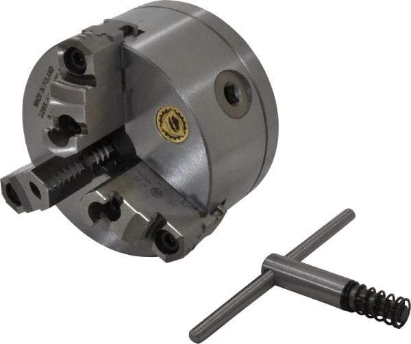 Bison - 3 Jaws, 5" Diam, Self Centering Manual Lathe Chuck - 1-1/2 - 8" Spindle Mount, Reversible, 3,200 Max RPM, 1.2598" Through Hole Diam, 0.0008" Axial Runout, 0.0012" Radial Runout, Cast Iron - Strong Tooling