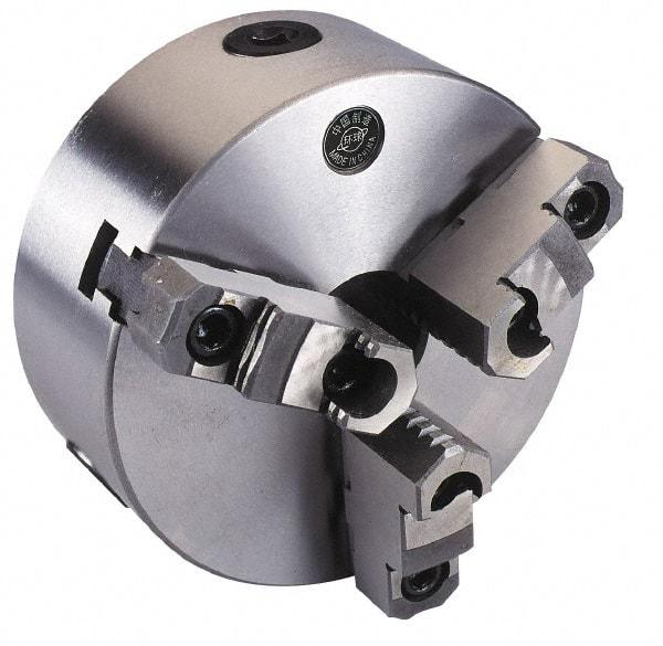 Interstate - 3 Jaws, 10" Diam, Self Centering Manual Lathe Chuck - Plain Back Mount Spindle, Reversible, 3.1496" Through Hole Diam, 0.003" Axial Runout, Cast Iron - Strong Tooling