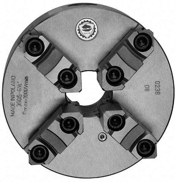 Bison - 4 Jaws, 12" Diam, Self Centering Manual Lathe Chuck - Plain Back Mount Spindle, Reversible, 1,500 Max RPM, 4.0551" Through Hole Diam, 0.0012" Axial Runout, 0.0031" Radial Runout, Cast Iron - Strong Tooling