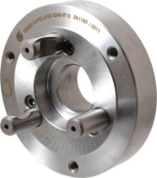 Bison - Adapter Back Plate for 5" Diam Self Centering Lathe Chucks - D1-3 Mount, 1.378" Through Hole Diam, 2.164mm ID, 4.92" OD, 1.02" Flange Height, Steel - Strong Tooling