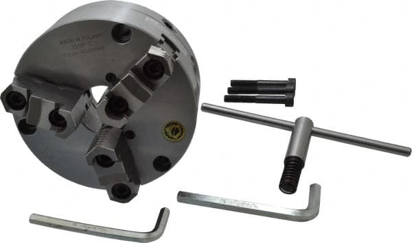 Bison - 3 Jaws, 6" Diam, Self Centering Manual Lathe Chuck - Front Mount, Adjustable, Reversible, 3,500 Max RPM, 1.654" Through Hole Diam, Forged Steel - Strong Tooling