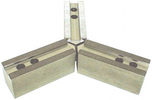 H & R Manufacturing - 15 to 18" Chuck Capacity, 3mm x 60° Serrated Attachment, Square Soft Lathe Chuck Jaw - 3 Jaws, Steel, 1.968" Btw Mount Hole Ctrs, 7" Long x 2-1/2" Wide x 5" High, 0.866" Groove, 20mm Fastener - Strong Tooling