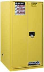 Justrite - 2 Door, 5 Shelf, Yellow Steel Standard Safety Cabinet for Flammable and Combustible Liquids - 65" High x 34" Wide x 34" Deep, Manual Closing Door, 3 Point Key Lock, 96 Gal Capacity - Strong Tooling