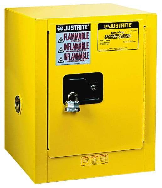 Justrite - 1 Door, 1 Shelf, Yellow Steel Bench Top Safety Cabinet for Flammable and Combustible Liquids - 22" High x 17" Wide x 17" Deep, Self Closing Door, 4 Gal Capacity - Strong Tooling