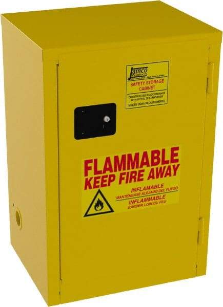 Jamco - 1 Door, 1 Shelf, Yellow Steel Space Saver Safety Cabinet for Flammable and Combustible Liquids - 35" High x 23" Wide x 18" Deep, Manual Closing Door, 3 Point Key Lock, 12 Gal Capacity - Strong Tooling