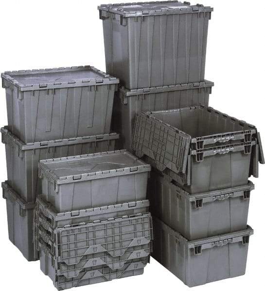 Quantum Storage - 1.42 Cu Ft, 75 Lb Load Capacity Gray Polyethylene Attached-Lid Container - Stacking, Nesting, 22.1" Long x 12.6" Wide x 11.9" High, Lid Included - Strong Tooling