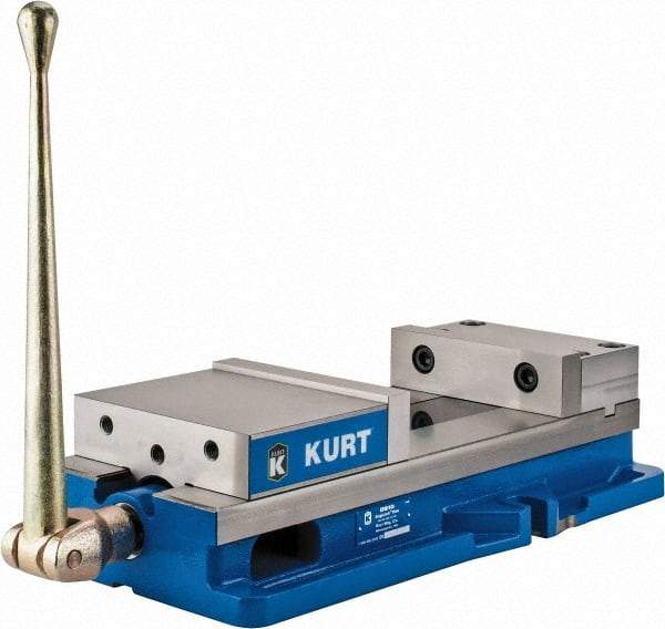 Kurt - 8" Jaw Width, 10" Jaw Opening Capacity, Horizontal Stationary Machine Vise - Manual Operation, 11,596 Lb Capacity, 1 Station, 24.185" Long x 5.51" High x 2-13/64" Deep, 2.2" Jaw Height, 80,000 psi Max Clamp Force, Ductile Iron - Strong Tooling