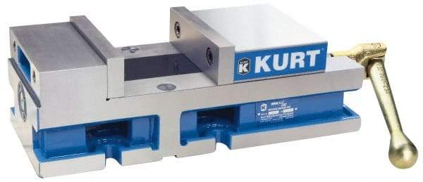 Kurt - 6" Jaw Width, 4" Jaw Opening Capacity, Horizontal Stationary Machine Vise - Manual Operation, 6,356 Lb Capacity, 1 Station, 14.88" Long x 4.6720" High x 1-31/64" Deep, 1.735" Jaw Height, 80 Lb Max Clamp Force - Strong Tooling