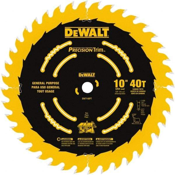 DeWALT - 10" Diam, 5/8" Arbor Hole Diam, 40 Tooth Wet & Dry Cut Saw Blade - Carbide-Tipped, General Purpose Action, Standard Round Arbor - Strong Tooling