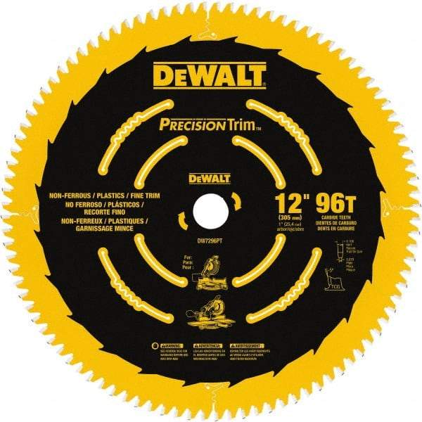 DeWALT - 12" Diam, 1" Arbor Hole Diam, 96 Tooth Wet & Dry Cut Saw Blade - Carbide-Tipped, Fine Trimming Action, Standard Round Arbor - Strong Tooling