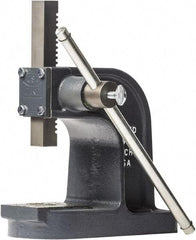 Dake - 1" Ram, 3-1/2" Throat Depth, 1 Ton Manual Arbor Press - 4-1/2" Max Work Height x 7" Max Work Width, Single Leverage, 25:1 Leverage Ratio, 4-1/4" Base Width x 9-1/2" Base Depth - Strong Tooling