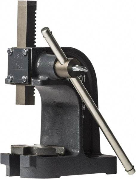 Dake - 1" Ram, 3-1/2" Throat Depth, 1 Ton Manual Arbor Press - 4-1/2" Max Work Height x 7" Max Work Width, Single Leverage, 25:1 Leverage Ratio, 4-1/4" Base Width x 9" Base Depth - Strong Tooling