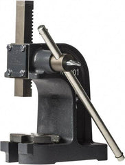 Dake - 1" Ram, 3-1/2" Throat Depth, 1 Ton Manual Arbor Press - 4-1/2" Max Work Height x 7" Max Work Width, Single Leverage, 25:1 Leverage Ratio, 4-1/4" Base Width x 9" Base Depth - Strong Tooling