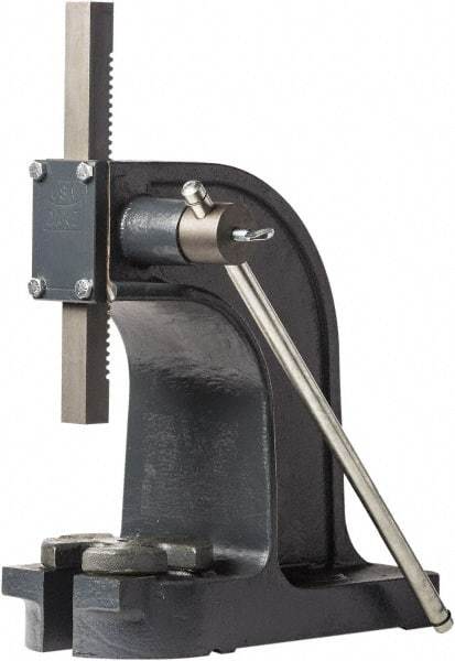 Dake - 1" Ram, 4-1/2" Throat Depth, 1-1/2 Ton Manual Arbor Press - 7-1/8" Max Work Height x 9" Max Work Width, Single Leverage, 32:1 Leverage Ratio, 6" Base Width x 14" Base Depth - Strong Tooling