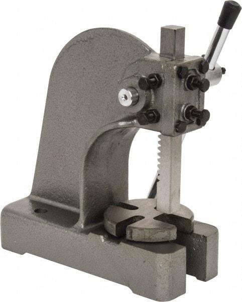 Interstate - 3/4" Ram, 3-1/4" Throat Depth, 1/2 Ton Manual Arbor Press - 4-1/2" Max Work Height x 6-1/2" Max Work Width, Single Leverage, 4" Base Width x 9-1/2" Base Depth - Strong Tooling