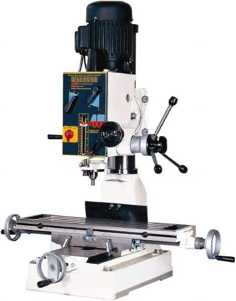 Rong Fu - 3 Phase, 20" Swing, Geared Head Mill Drill Machine - 28-3/4" Table Length x 8-1/4" Table Width, 18-1/8" Longitudinal Travel, 9" Cross Travel, 6 Spindle Speeds, 1 hp, 220 Volts - Strong Tooling