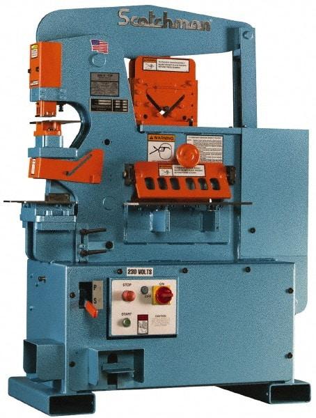 Scotchman - 6" Throat Depth, 50 Ton Punch Pressure, 1-1/4" in 1/2" & 13/16" in 3/4" Punch Capacity Ironworker - 3 hp, 3 Phase, 208/380/575 (Standard), 220 (Optional) & 230/460 (Standard) Volts, 47" Wide x 59" High x 29" Deep - Strong Tooling