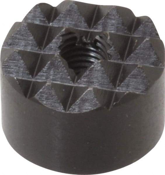 Fairlane - 1/4-28 Thread, 3/4" Diam, 1/2" High, Threaded, Coarse Tooth Grade Diamond Serration Tooth Pattern, High Speed Steel, Round Positioning Gripper - 3/16" Flat Width, Black Oxide Coated - Strong Tooling