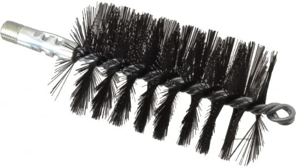 Schaefer Brush - 4-1/2" Brush Length, 2-3/4" Diam, Double Stem, Single Spiral Flue Brush - 7-1/2" Long, Tempered Steel Wire, 1/4" NPSM Male Connection - Strong Tooling