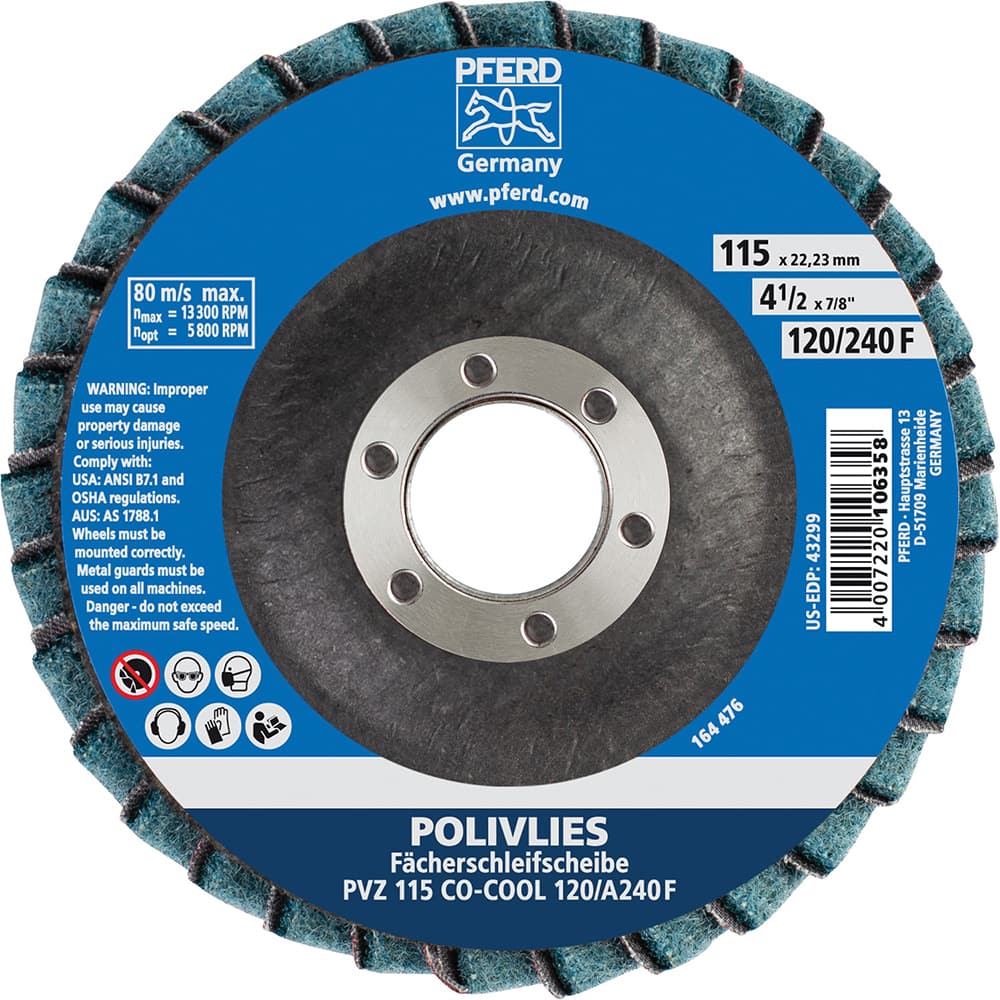 Flap Disc: 7/8″ Hole, 120 Grit, Ceramic, Compact Coated, Fiber-Backed, 13,300 RPM